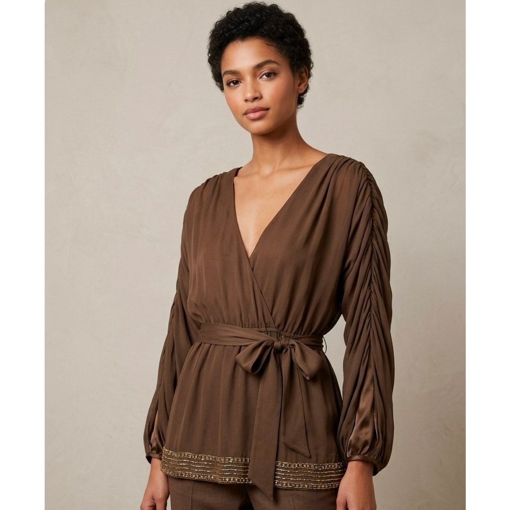 Alice + Olivia Brown Silk Beaded Hem Wrap Blouse Ruched Sleeve XS 87-064-634